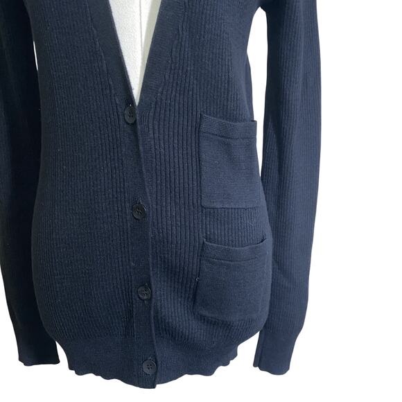 Kate Spade Saturday Cardigan Small Black Blue Ribbed Knit Linen Cotton Button Up - Picture 2 of 6